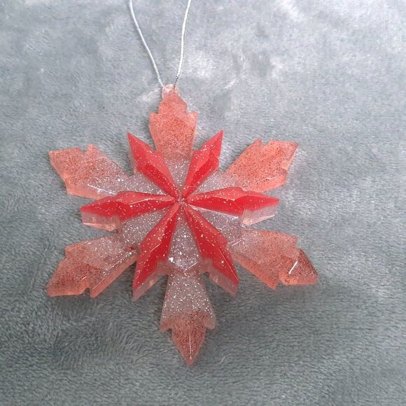 Handmade Resin Ornaments Glitter Snowflake Red & Silver Glitter Set Of 2 - Picture 3 of 6